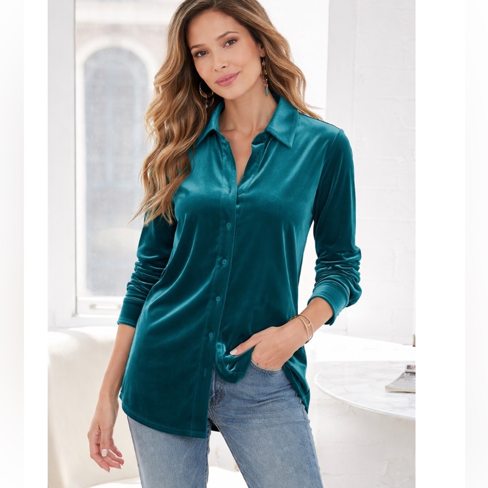 APPLESEEDS Teal Green Velvet Button Down Tunic Length Shirt L NWOT